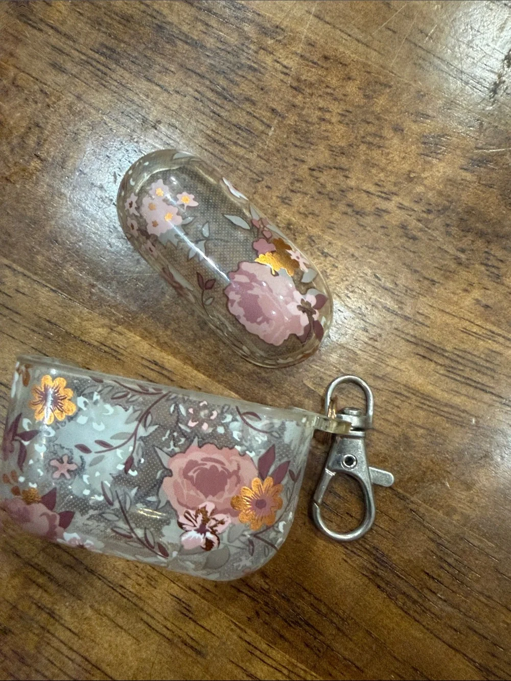 Floral Clear Silicone Earbud Case with Key Clip - Pink & Gold Accents